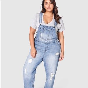 Plus size distressed denim overalls